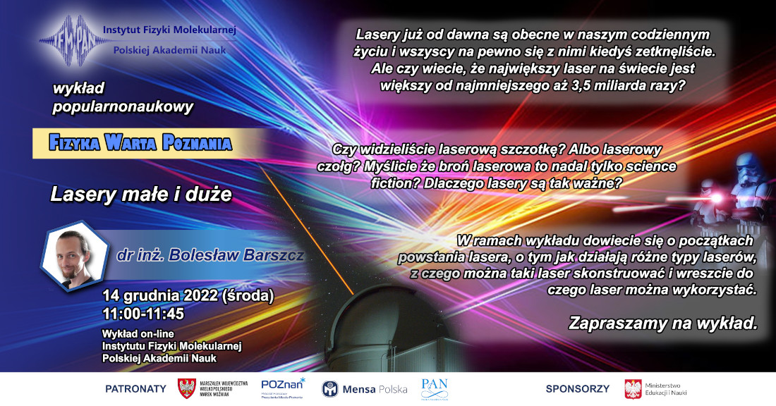 Plakat zawiera bardzo dużo szczegółowych informacji o wydarzeniu, napisanych drobnymi literami. Widoczne jest też małe zdjęcie wykładowcy oraz dużo kolorowych linii mających symbolizować lasery, a więc temat wykładu.