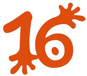 Czerwona liczba 16 na białym tle.