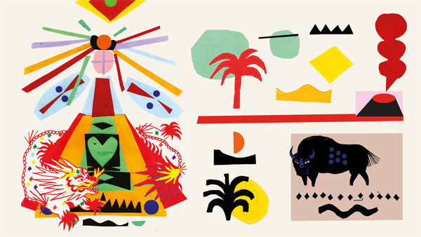 Kolorowe rysunki: palma, bizon, namiot.