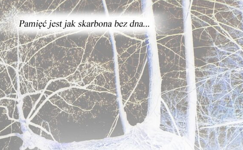 Biało-czarne zdjęcie lasu, a na nim napis Pamięć jest jak skarbona bez dna...