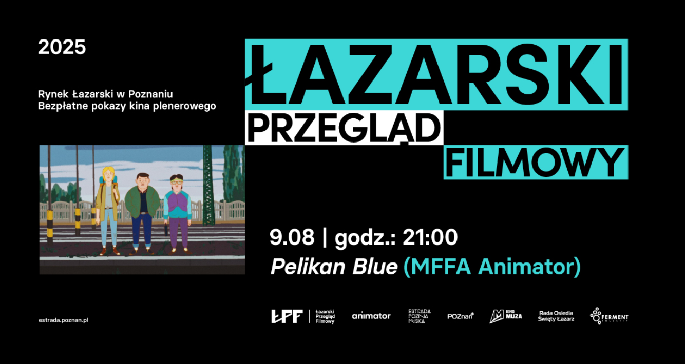 Plakat, który reklamuje Łazarski Przegląd Filmowy. Na czarnym tle kadr filmu, obok kolorowe napisy, które informują o cyklu.