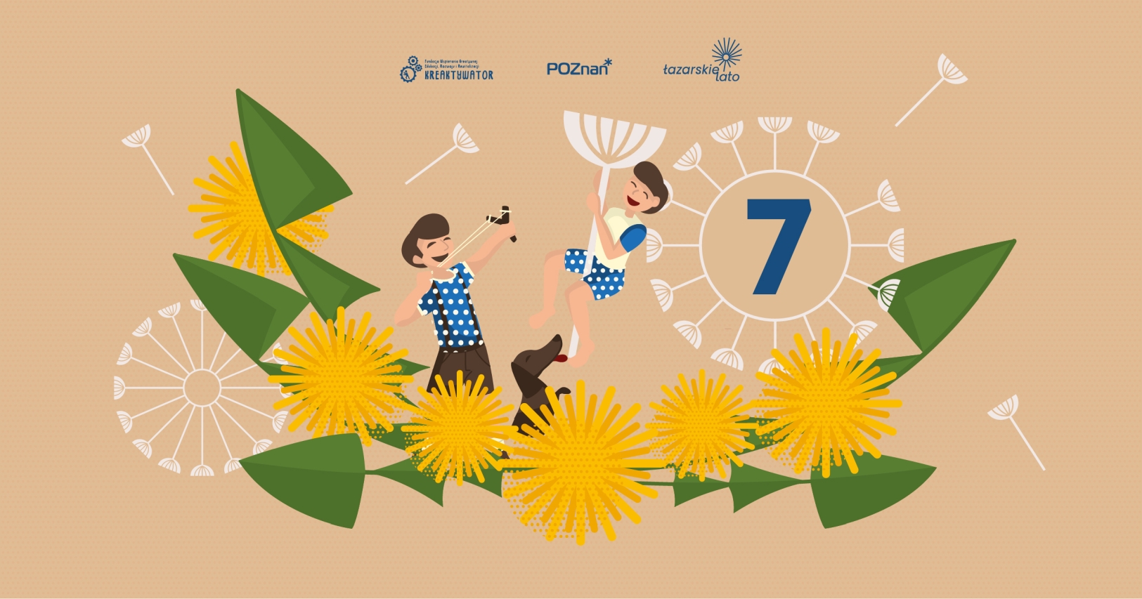 Grafika przedstawia dwójkę chłopców, którzy bawią się kwiatami. Jeden z nich celuje z procy, a drugi buja się na kwiecie dmuchawca, Oboje stoją na wianku związanym z mleczy.