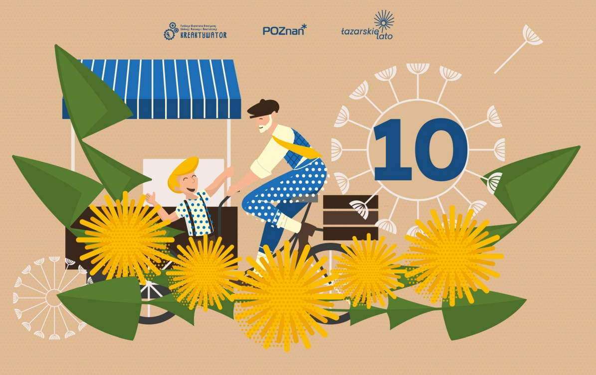 Grafika przedstawia uśmiechniętego chłopca przed straganem, obok niego siedzi na rowerze mężczyzna w berecie. Przed nimi wianek związany z mleczy.