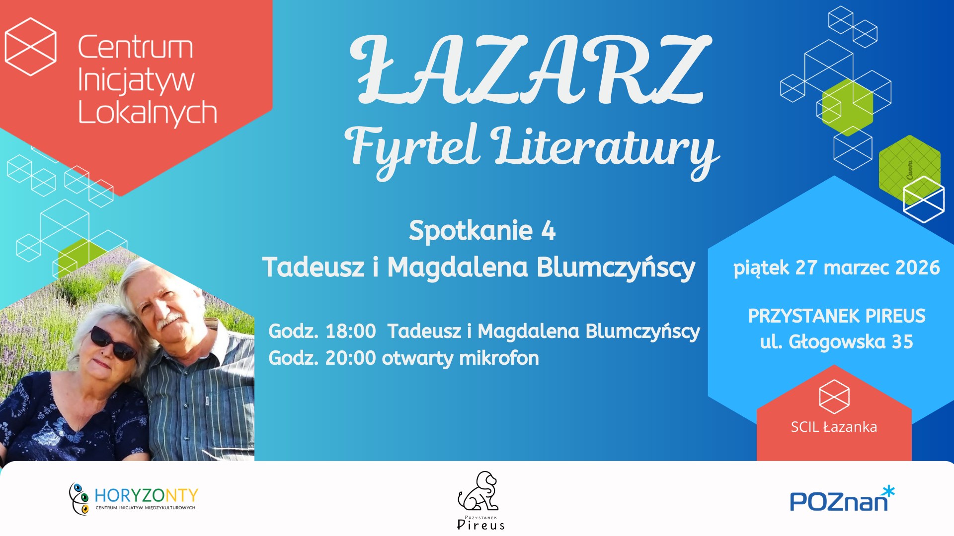 Plakat informujący o spotkaniu "Łazarz Fyrtel Literatury" z udziałem Tadeusza i Magdaleny Blumczyńskich. Wydarzenie odbędzie się w piątek, 27 marca 2026 r. o godz. 18:00 w Przystanku Pireus przy ul. Głogowskiej 35 w Poznaniu.