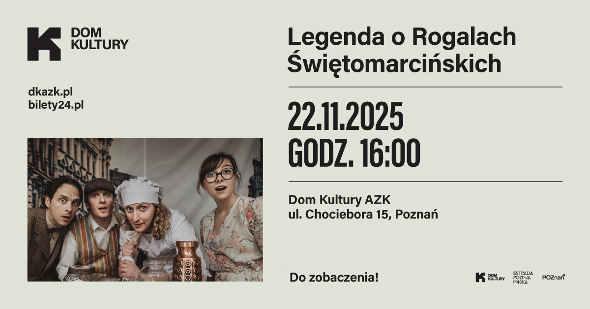 Jasny plakat ze zdjęciem. Trzech mężczyzn i jedna kobieta. Od lewej mężczyzna w garniturze, potem w kamizelce i kaszkiecie, potem w stroju kucharza. Kobieta jest ubrana w kwiecistą bluzkę i jasną spódnicę.