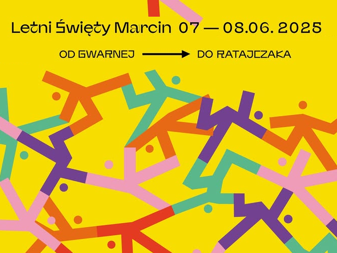 Geometryczny wzór kolorowych, rusunkowych ludzi na żółtym tle, informacje o wydarzeniu.
