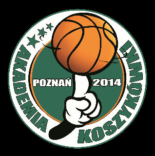 Grafika, na palcu opiera się piłka do koszykówki, za nią okrągłe logo Akademii Koszykówki.