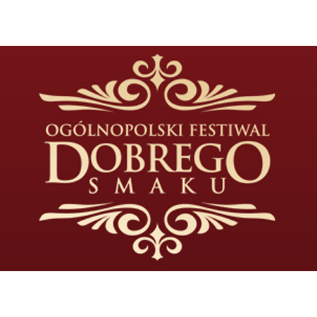 logo: na bordowym tle kremowe napisy, zdobienia na górze i na dole.