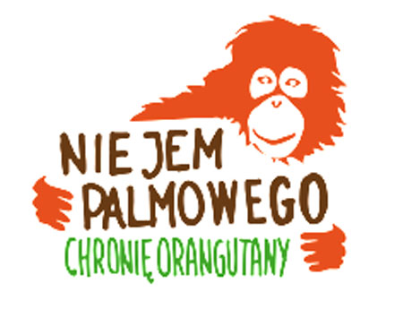 Logo: Orangutan tryzma tabliczkę z napisem: Nie jem palmowego chronię orangutany.
