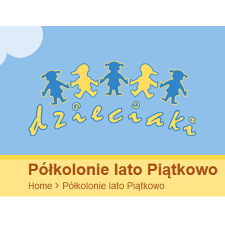 Na górze żólte i niebieskie figurki dzieci na błekitnym tle. Na dole brazowy napis na żółtym tle.
