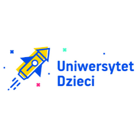 Po lewej rakieta w kolorach żółtym i niebieskim, po prawej niebieski napis na białym tle.