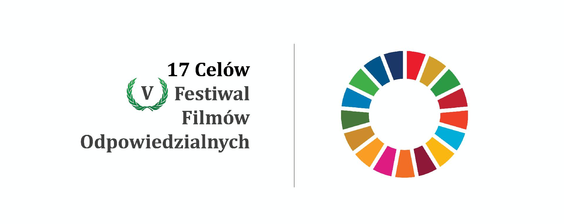 Na jasnobłękitnym tle czarny napis "17 celów. V Festiwal Filmów Odpowiedzialnych".