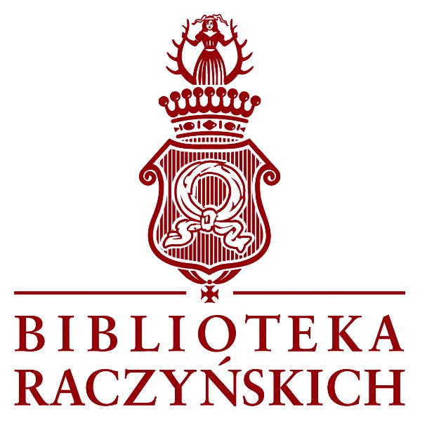 Na białym tle bordowe logo Biblioteki Raczyńskich wraz z nazwą.