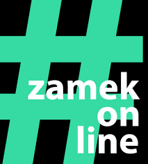 Na czarnym niebieski hasztag i biały napis "zamek online".