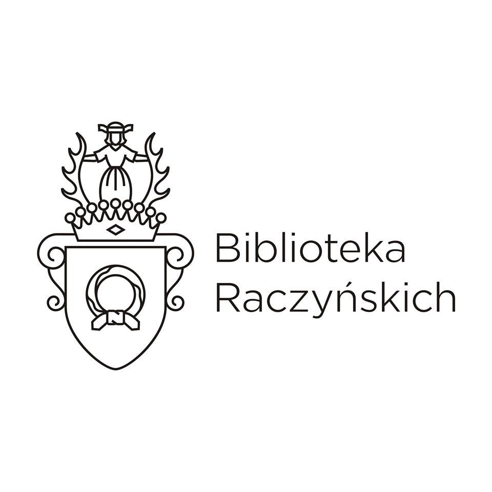 Logo przedstawia tarczę i hrabiowską koronę, nad nią rogi jelenia, między którymi stoi panna z przepaską na głowie, oburącz trzymająca się rogów. Po prawej stronie logotypu umieszczono w dwóch wersach napis: Biblioteka Raczyńskich.