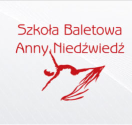 Napis: szkoła Baletowa Anny Niedźwiedź. Pod spodem szkic baletnicy/gimnastyczki.