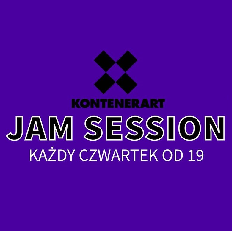 Na fioletowym tle logo KontenerART i napis "Kontenerartjam session każdy czwartek od 19".