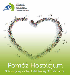 Logo. Stojący ludzie tworzą serce. Pod spodem napis: "Pomóż Hospicjum".