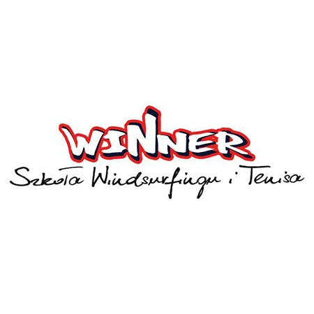 napis "WINNER" z podpisem "Szkoła Windsurfingu i Tenisa"