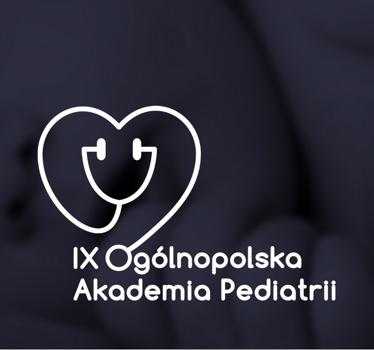 Stetoskop ułożony w kształt serca z podpisem "IX Ogólnopolska Akademia Pediatrii".