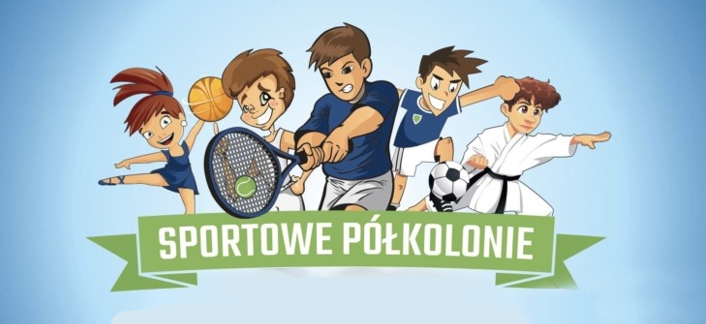 Grafika rysunkowa dzieci grających w różne sporty m.in.:tenis, koszykówka, piłka nożna.