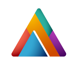 Logo w kształcie trójkąta złożone z mniejszych kolorowych trójkatów.