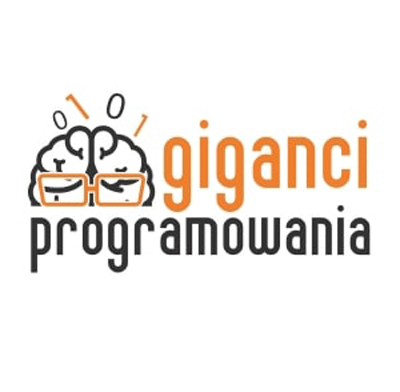 Pomarańczowo-czarny napis "Giganci programowania" na białym tle.