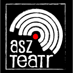 Na czarnym tle białe kółkoliste linie, tworzace niepełne koło, w środku czerwona kropka. U dołu napis "asz teatr".
