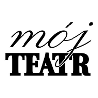 Czarno-białe logo Teatru - napis "Mój Teatr" na białym tle.