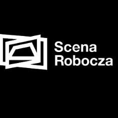 Na czarnym tle napis :Scena Robocza" oraz cztery figury czworokątne połaczone ze sobą.