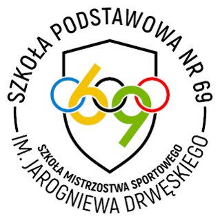 Logo przedstawia tarczę, a w niej okręgi różnych kolorów, dwa z nich tworzą liczbę "69", która jest numerem szkoły.