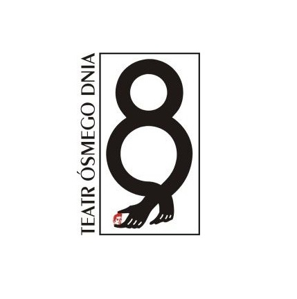 Logo Tatru Ósmego Dnia - na białym tle czarny napis - nazwa Teatru oraz czarna ósemka, u dołu której są dwie dłonie