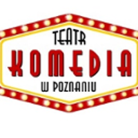 W czerwono-żółtej sześciokątnej ramce napis "Teatr Komedia w Poznaniu".
