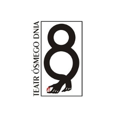 Logotyp Teatru: na białym tle czarny tekst - cyfra 8 z dłońmi u jej dołu, z lewej strony napis Teatr Ósmego Dnia.