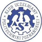 Logotyp AZS Politechniki Poznańskiej - w środku granatowy napis AZS na tle białego orła w granatowym obramowaniu. W obramowaniu herbu nazwa klubu napisana granatowymi literami