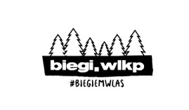 Logotyp Biegi Wlkp.- czarny logotyp z nazwą i biegu i symbolem choinek ponad nim