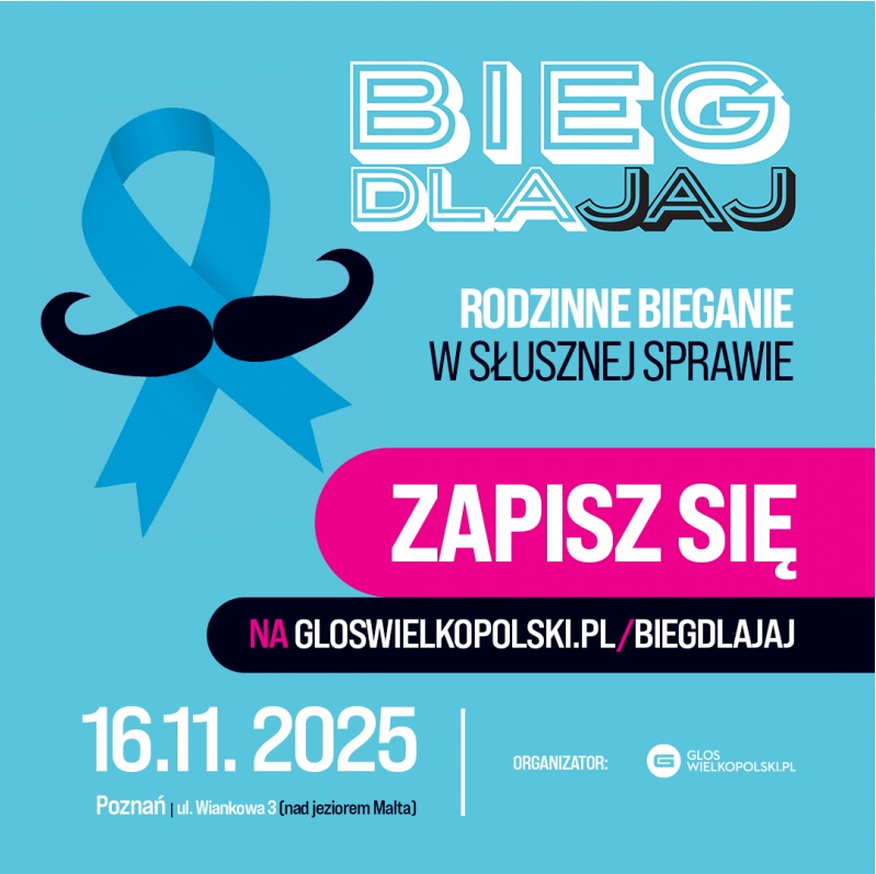 Logotyp Biegu dla Jaj - na niebieskim tle nazwa biegu, termin i link do zapisów, a także wąsy z kokardką niebieską