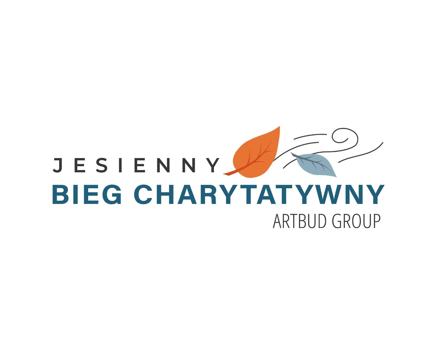 Logotyp Jesiennego Biegu Charytatywnego - nazwa biegu w kolorze czarnym i granatowwym, a obok symbole 2 liści w kolorze brązowym i szarym