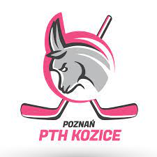 Logotyp Kozic Poznań - grafika kozy wpisana w różowe koło i skrzyżowane różowe kije, a poniżej różowo-czarna nazwa klubu