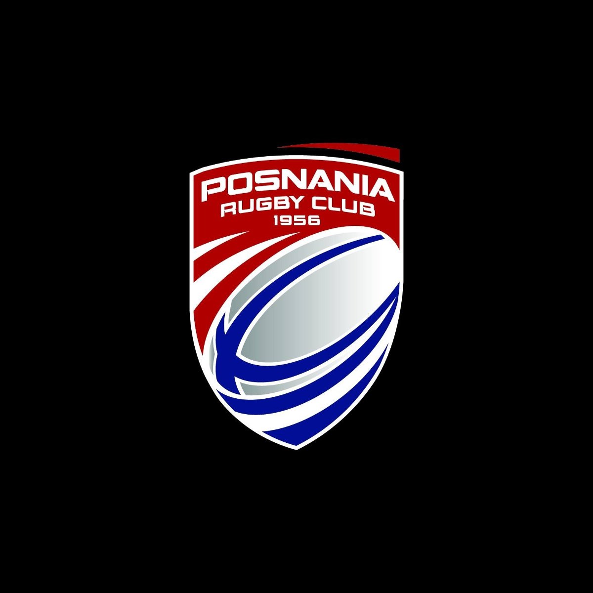 Logotyp Posnanii - biała pilka do rugby z niebieskimi elementami, a powyżej na czerwonym tle biały napis z nazwą klubów i rokiem powstania
