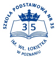 Logotyp Szkoły Podstawowej nr 35 w Poznaniu - nr 35 na książce z koroną, a wokół nazwa szkoły. Wszystko w niebieskich barwach
