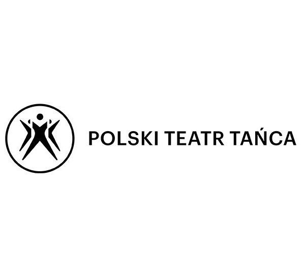 Na białym tle czarny okrąg, wewnątrz rysunek czarnych tańczących postaci, obok czarny napis Polski Teatr Tańca.