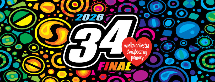 Logotyp WOŚP - logotyp Wielkiej Orkiestry Świątecznej Pomocy z numerem edycji i rokiem na różnokolorowym tle