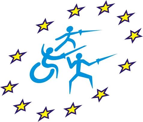 Logotyp "Z floretem go gwiazd" - w środku niebieskie symbole 3 szermierzy, w tym 1 na wózku, a wokół złote gwiazdy