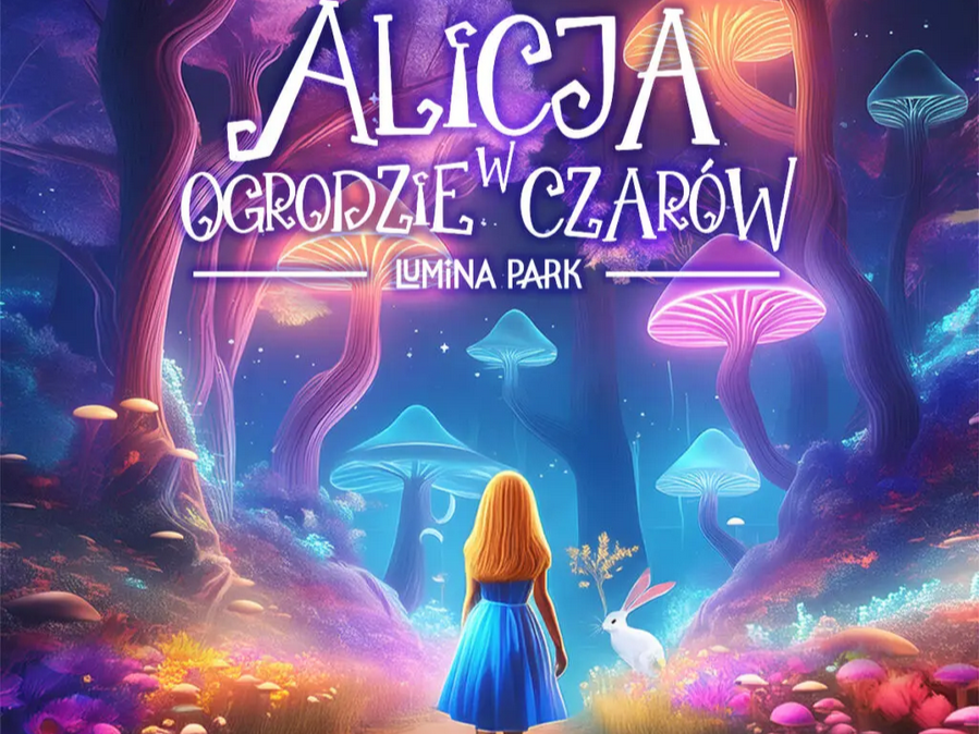Napis o treści Alicja w ogrodzie czarów, dziewczynka stojąca na ścieżce prowadzącej między dużymi, świecącymi się grzybami, po której prawej stronie siedzi biały królik.