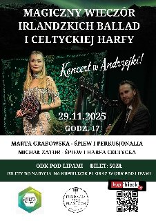 Plakat koncertu Magiczny wieczór irlandzkich ballad i celtyckiej harfy ze zdjęciami artystów i informacjami, które dostępne są w treści artykułu.
