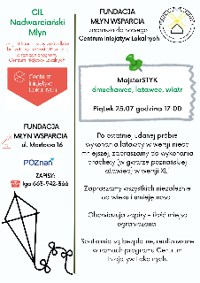 Plakat, który informuje o MajsterSTYK: dmuchawce, latawce, wiatr. Napisy informujące o wydarzeniu, z boku rysunek latawca.
