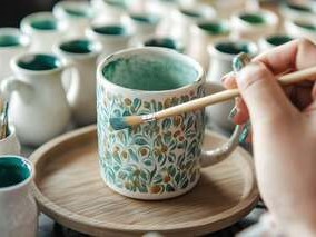 Malowanie ceramicznego kubka farbą przy pomocy pędzelka.