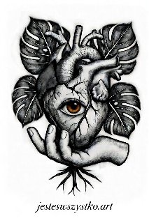 Surrealistyczna ilustracja serca z pęknięciami i zielonym okiem pośrodku, otoczona liśćmi i dłońmi w czarno-białej stylistyce.