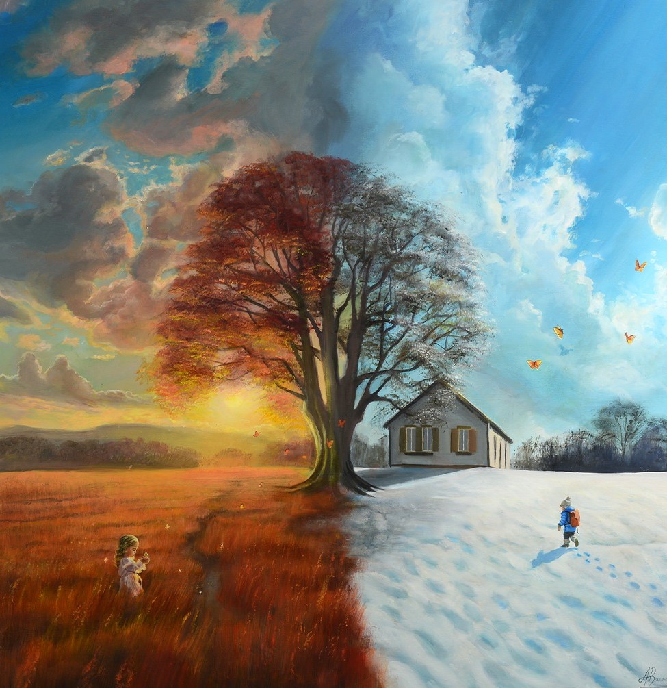 obraz przedstwiajacy pejzaż, który po lewej jest letni a po prawej zimowy